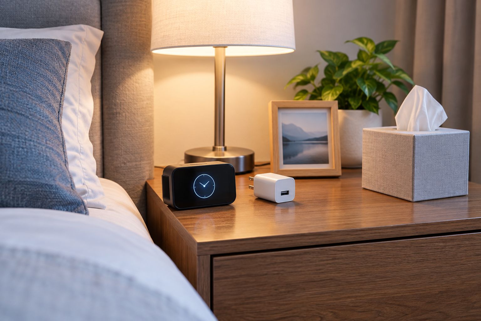 Nightstand with alarm clock, charger, picture frame and tissue box