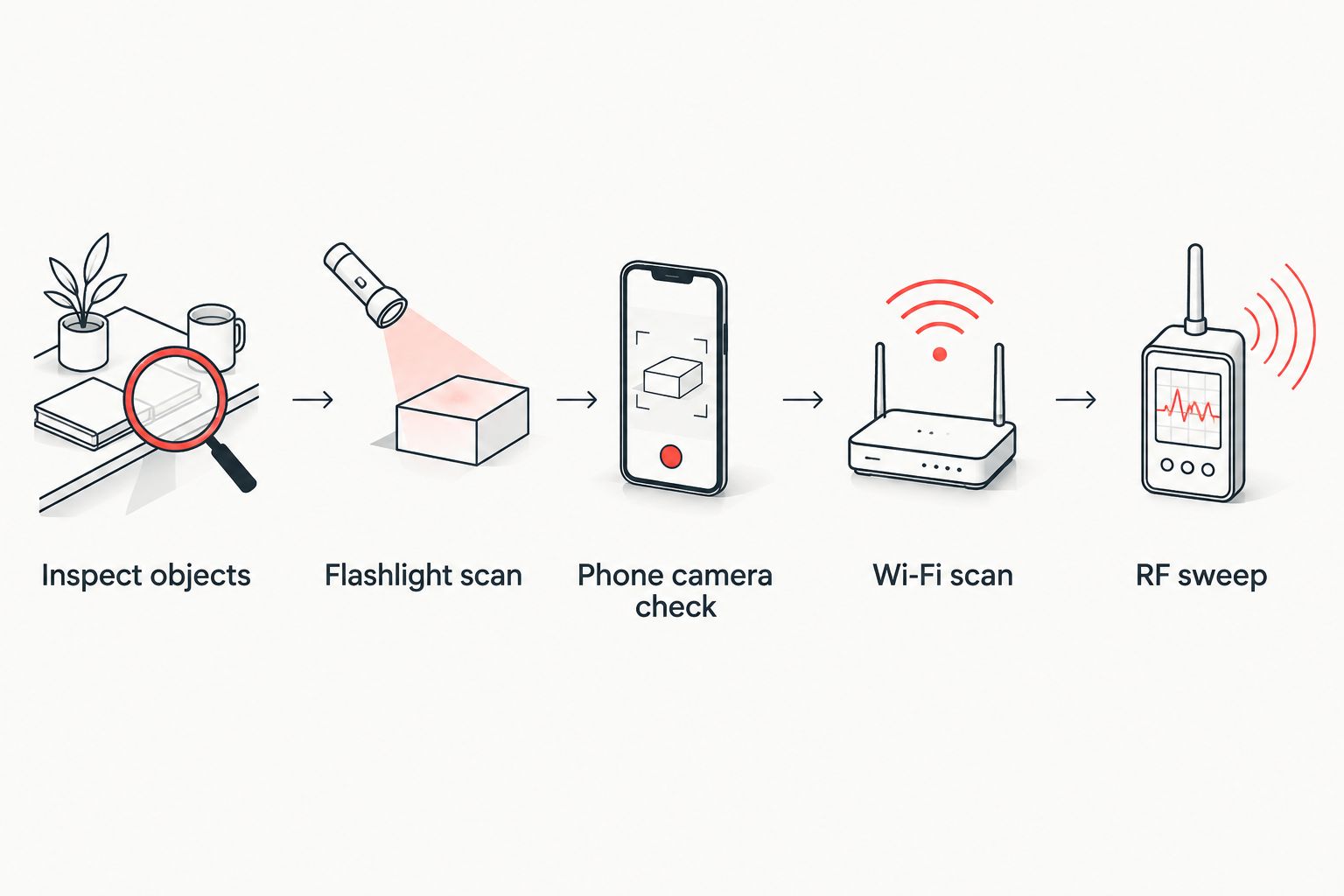Five-step diagram for checking a bedroom for a hidden camera