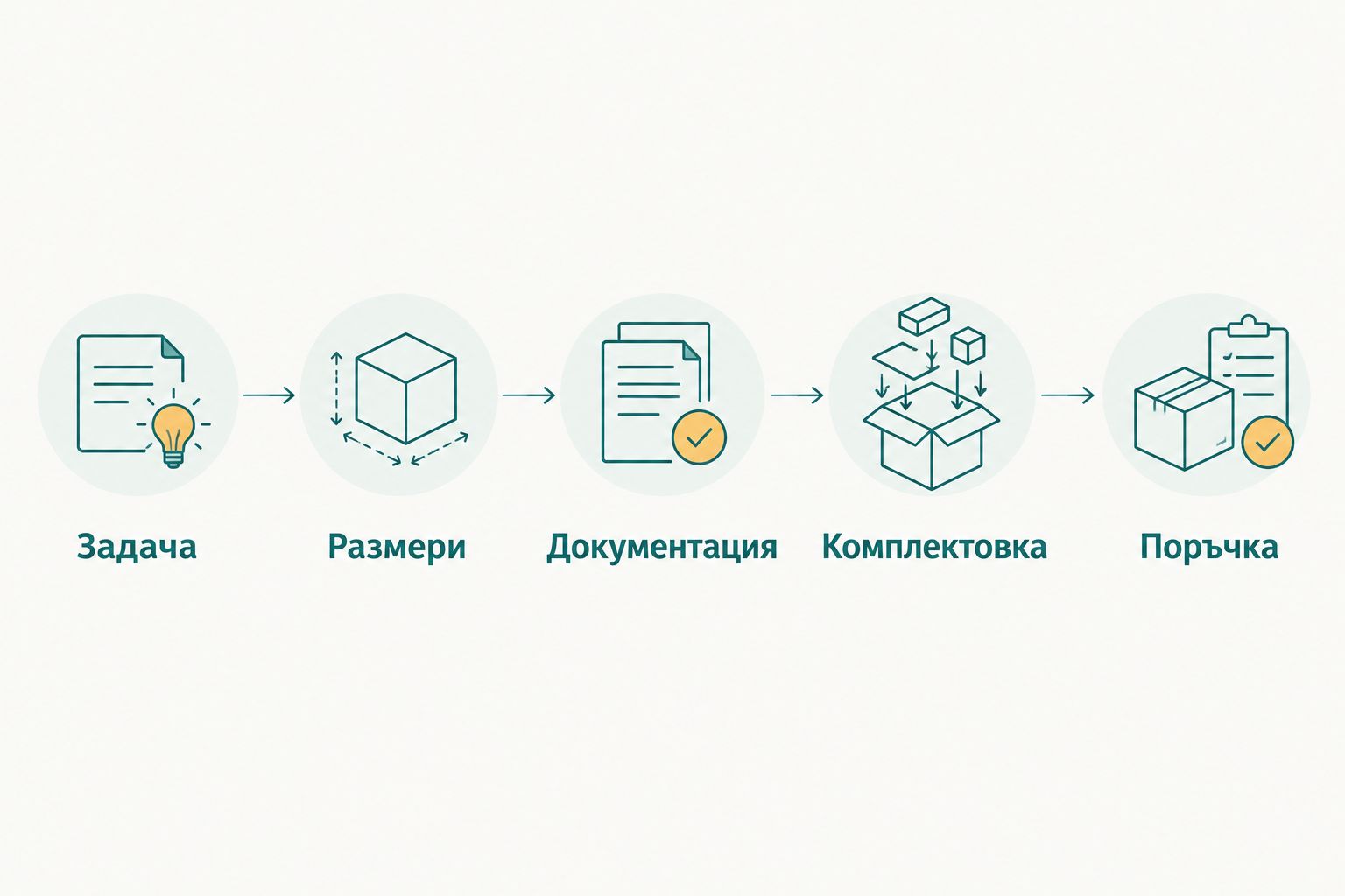 Последователност за избор: задача, размери, документация, комплектовка и поръчка.