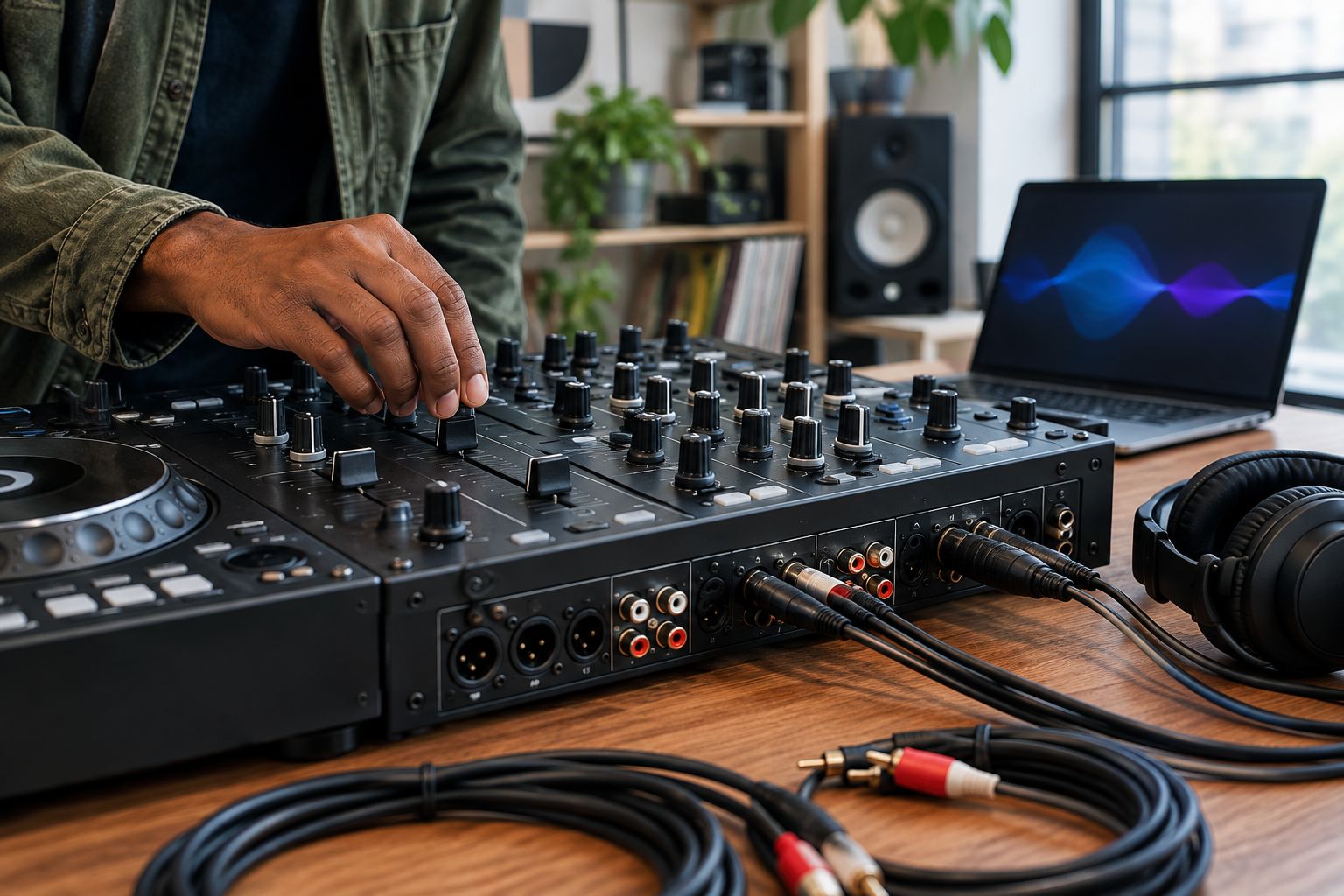 Hands-on inspection of channel faders on an unbranded DJ mixer