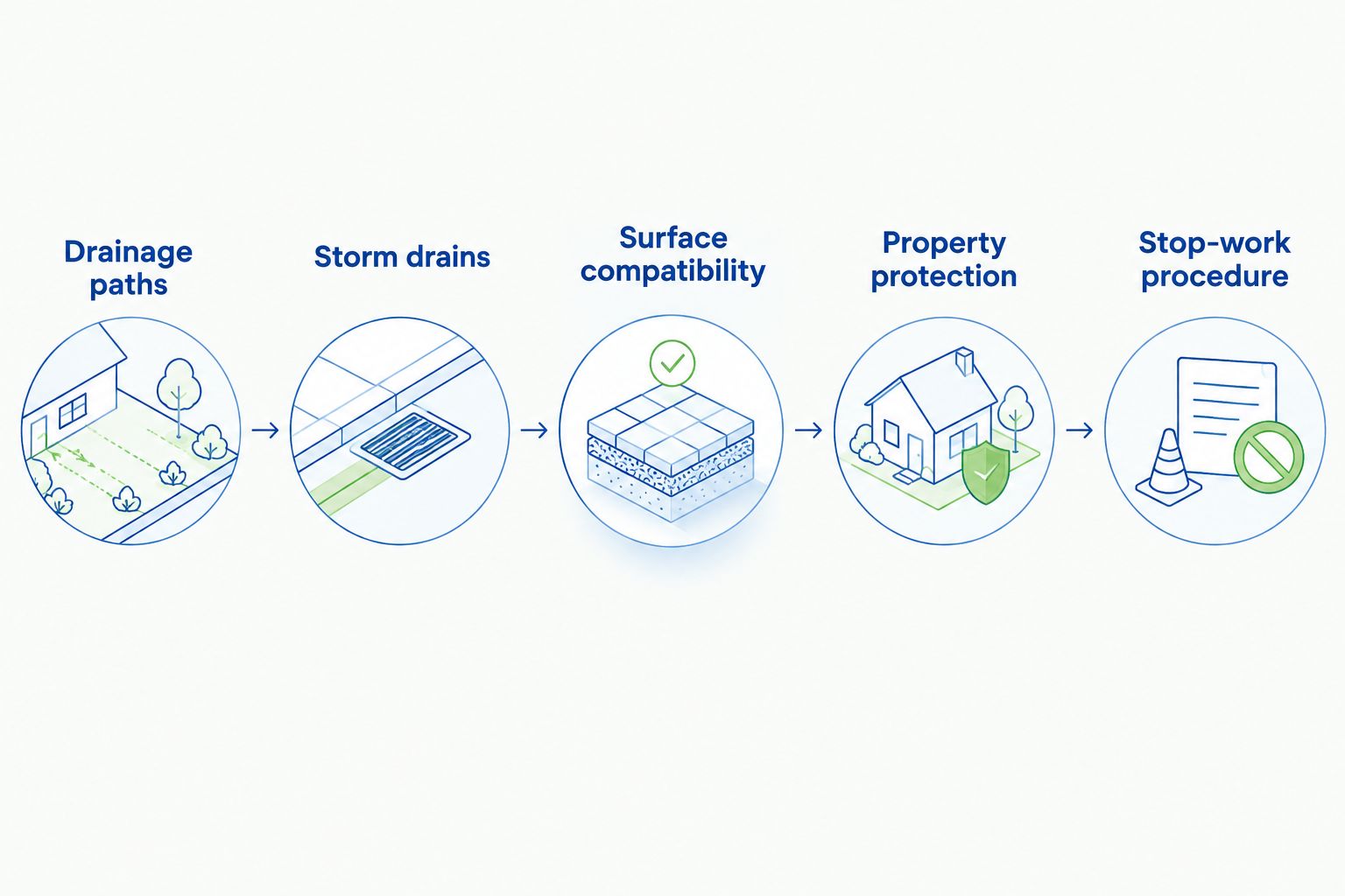 Planning sequence for drainage, surface compatibility, property protection, and stopping uncontrolled runoff