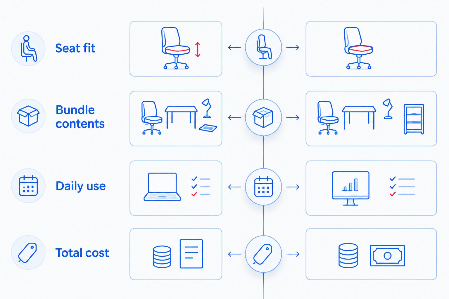 Four checks for comparing a pram or car-seat listing: seat fit, contents, daily use and total cost