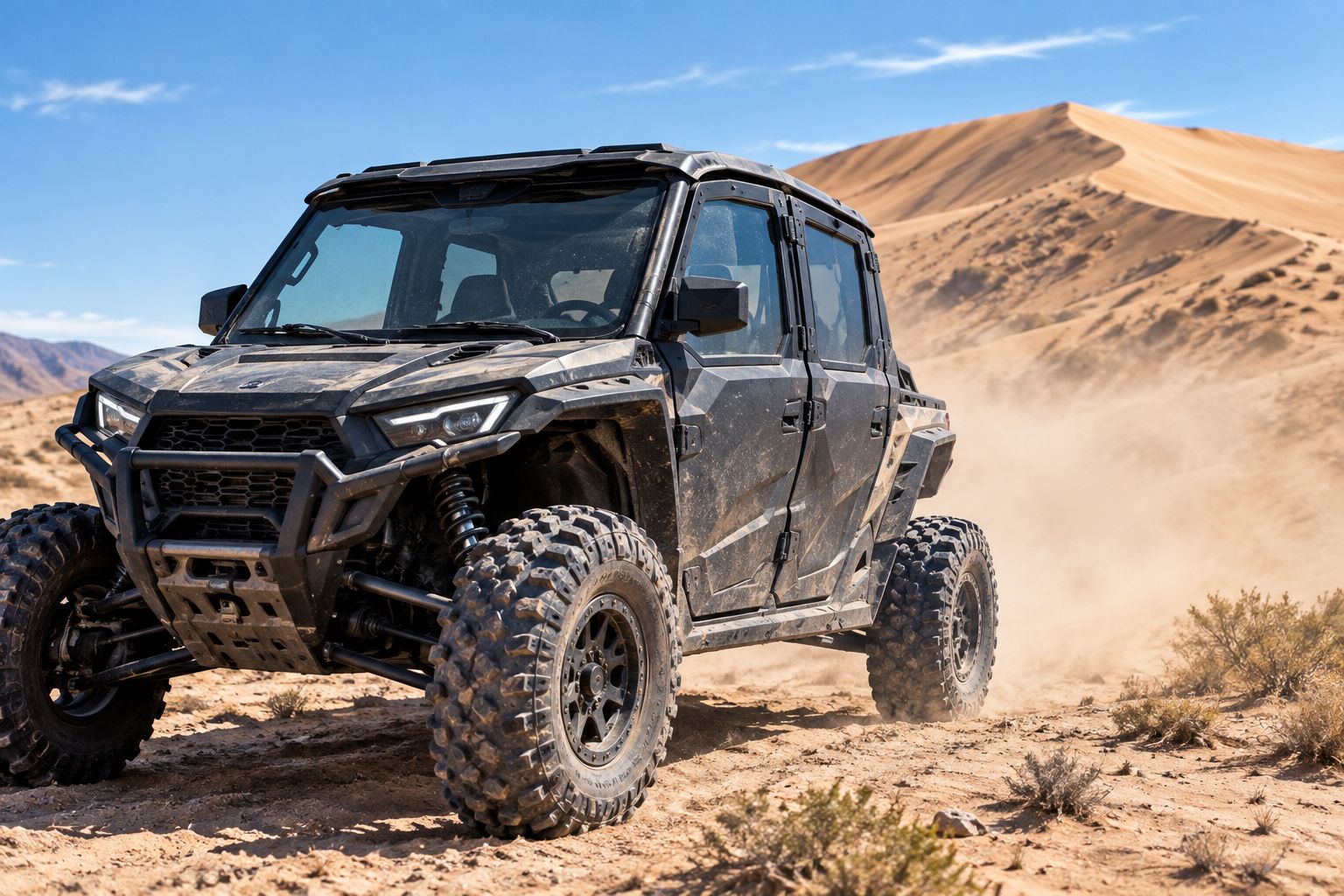 UTV with doors and windshield closed at the edge of a sand dune