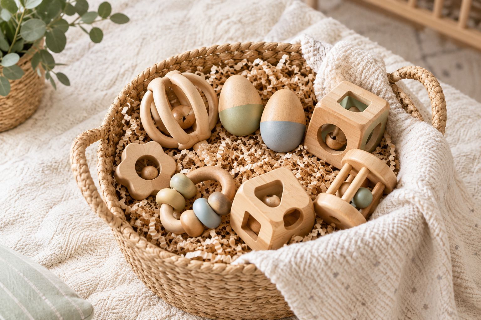 New-parent hamper with wooden grasping toys, sound eggs and discovery blocks