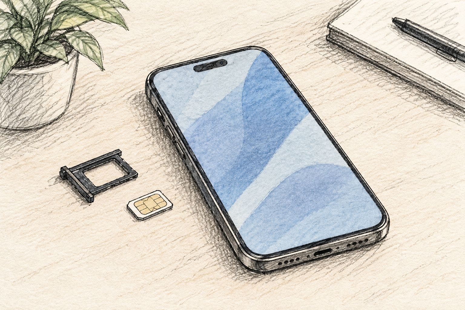 Phone, removed SIM tray and SIM-sized card resting separately before installation