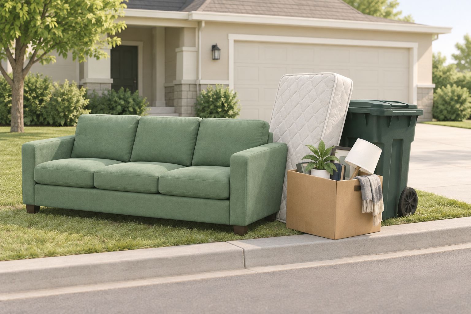 Furniture and a mattress staged at the curb for junk removal pickup