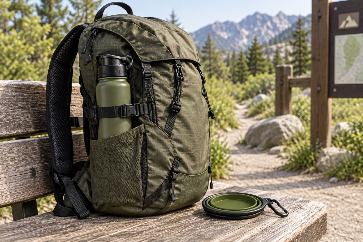 A water bottle secured in a hiking pack's side pocket beside a folded dog bowl