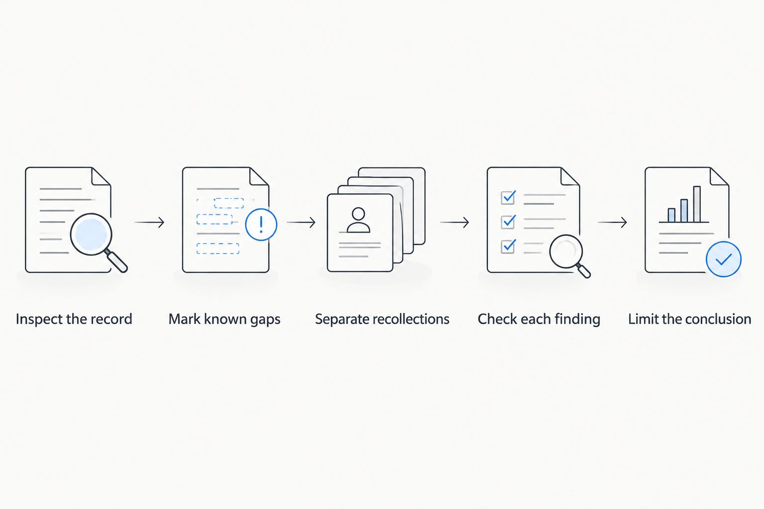 Five review steps from inspecting the record to limiting the conclusion