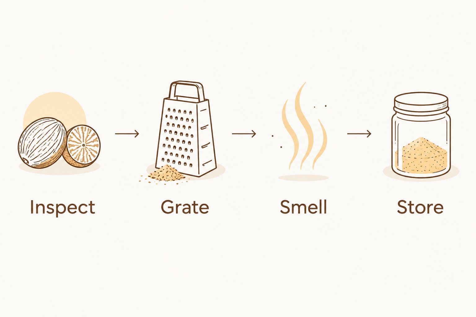 Sequence for checking whole nutmeg: inspect, grate, smell, and store.