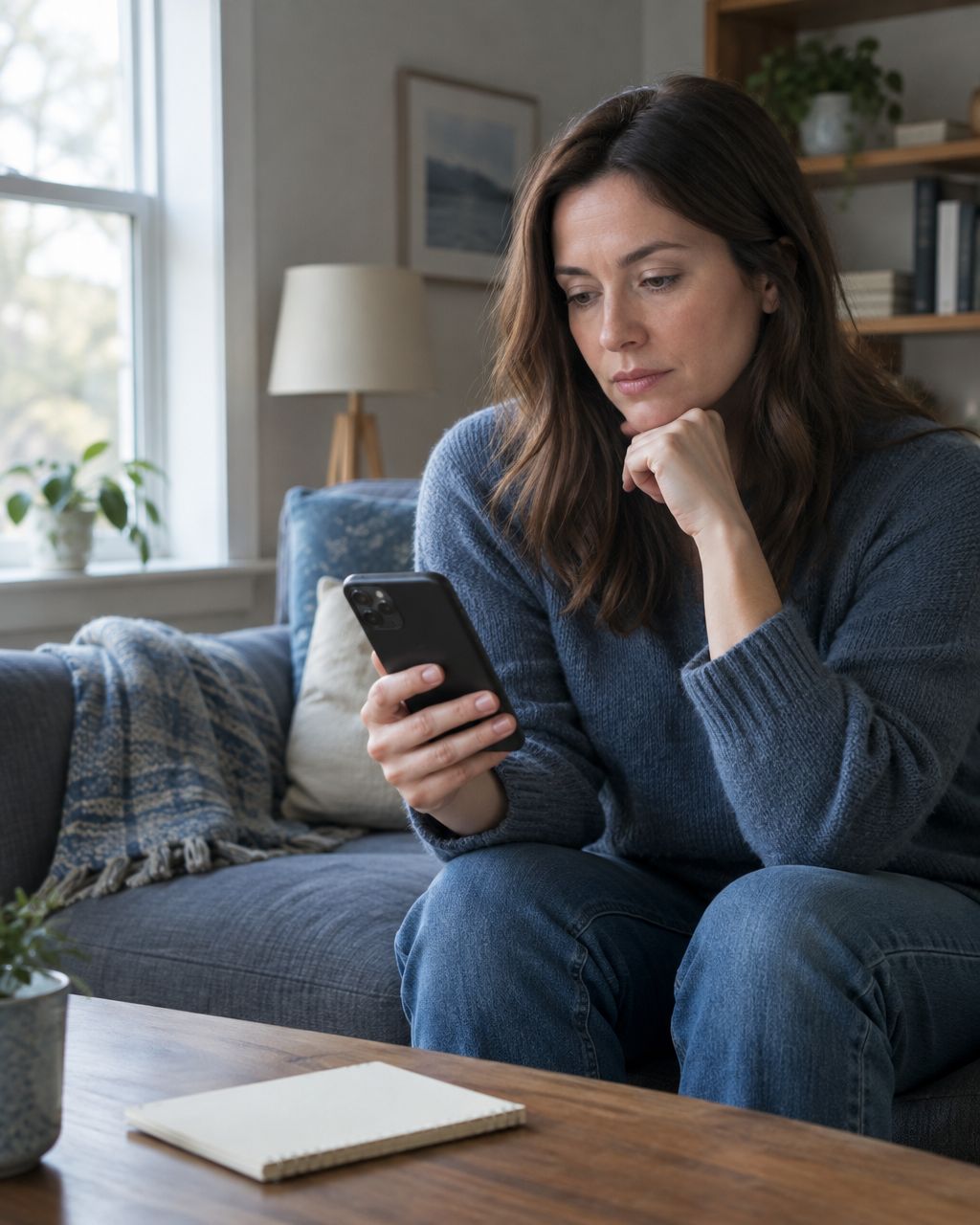 Person checking an unexpected phone call while sitting in a living room