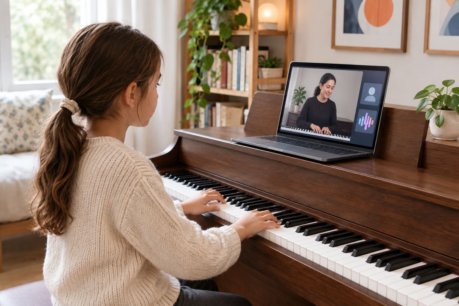 Child practicing piano at home during a virtual piano lesson