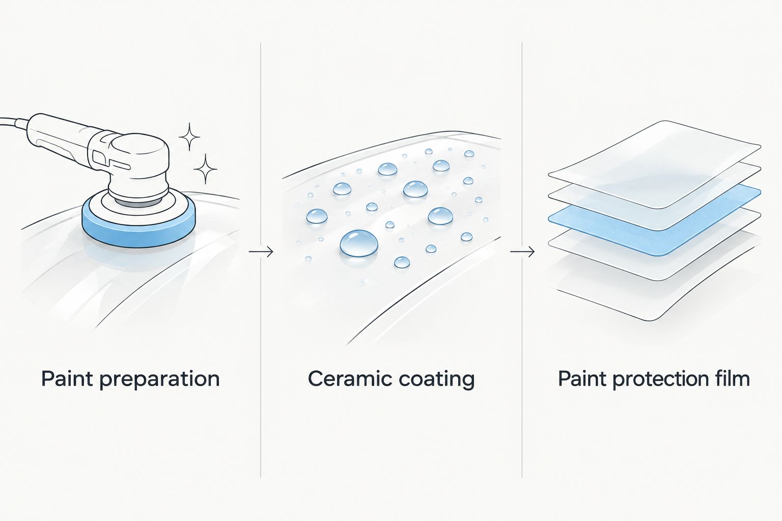 Three columns distinguish paint preparation, ceramic coating, and paint protection film.