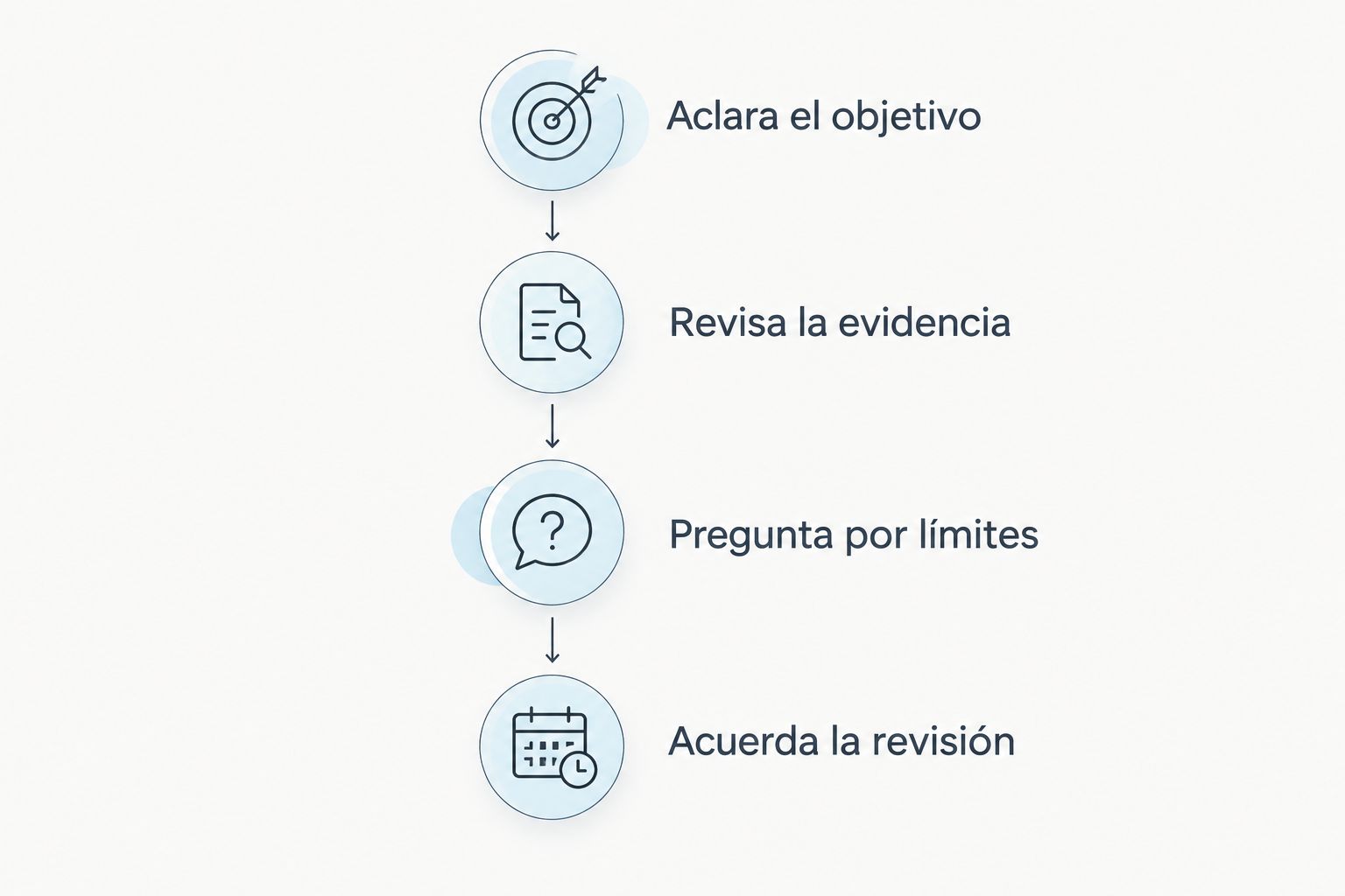 Pasos para valorar una propuesta: objetivo, evidencia, límites y revisión.