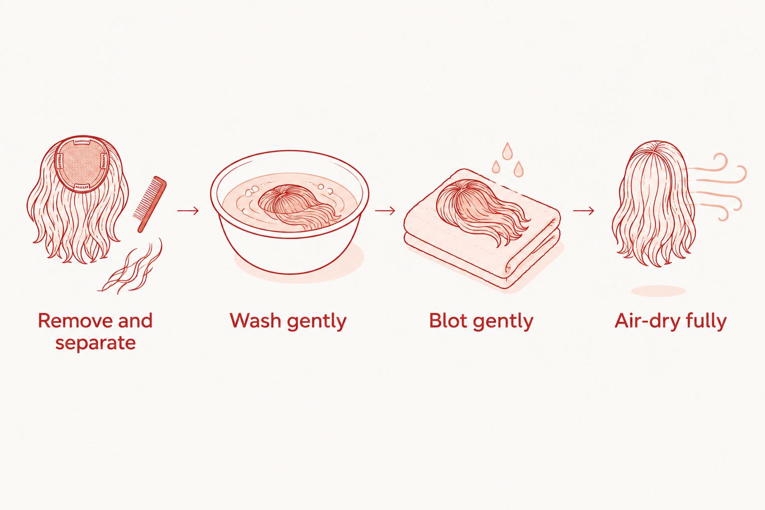 Care sequence showing separation, gentle washing, towel blotting, and complete air-drying