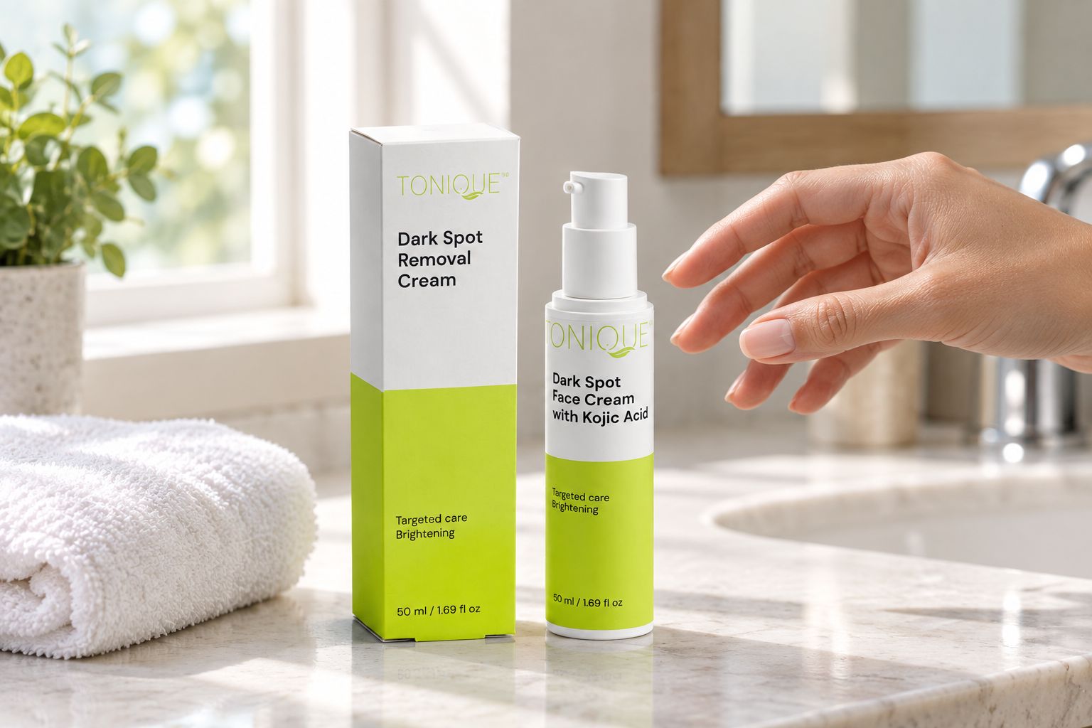 Kojic acid dark spot face cream on a bathroom counter in morning light