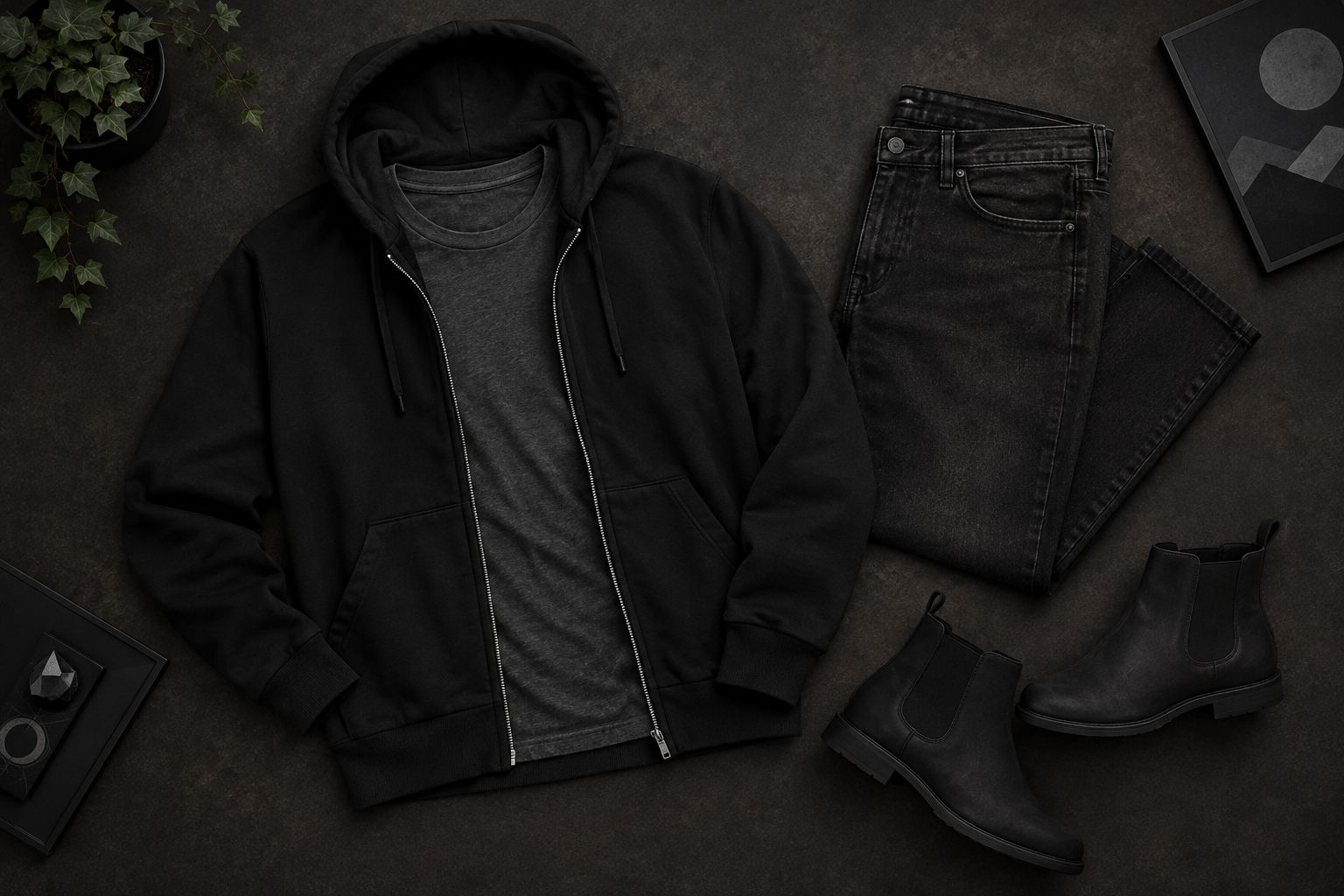 Black zip hoodie layered over a plain tee beside dark jeans and ankle boots