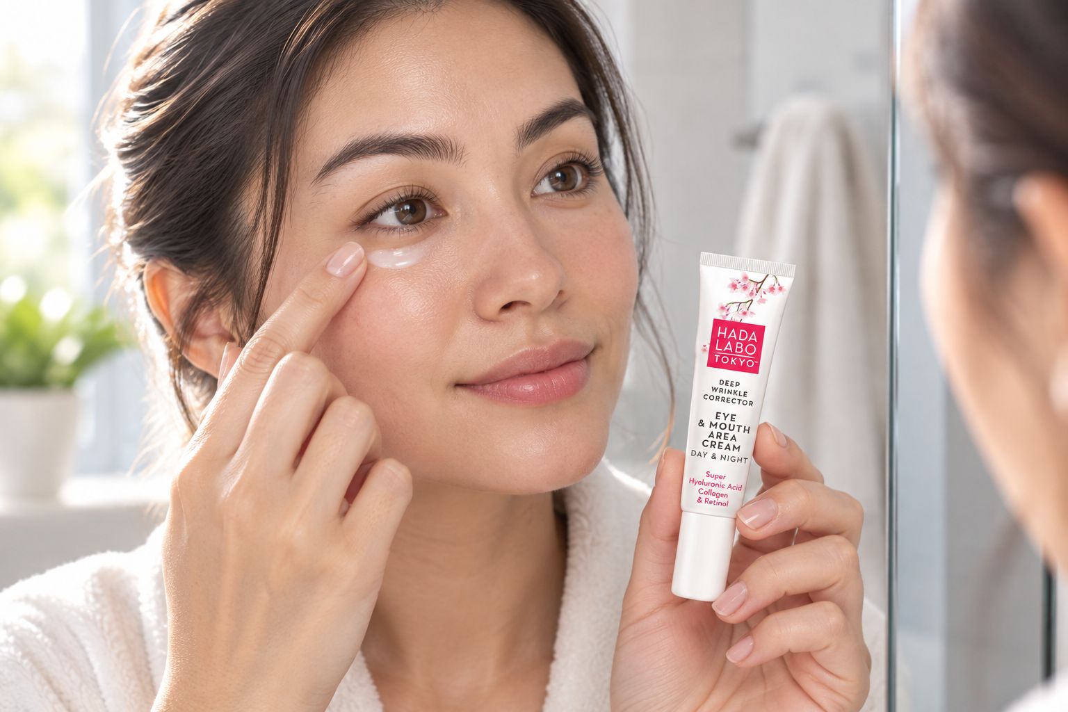 Applying eye cream under the eye before makeup