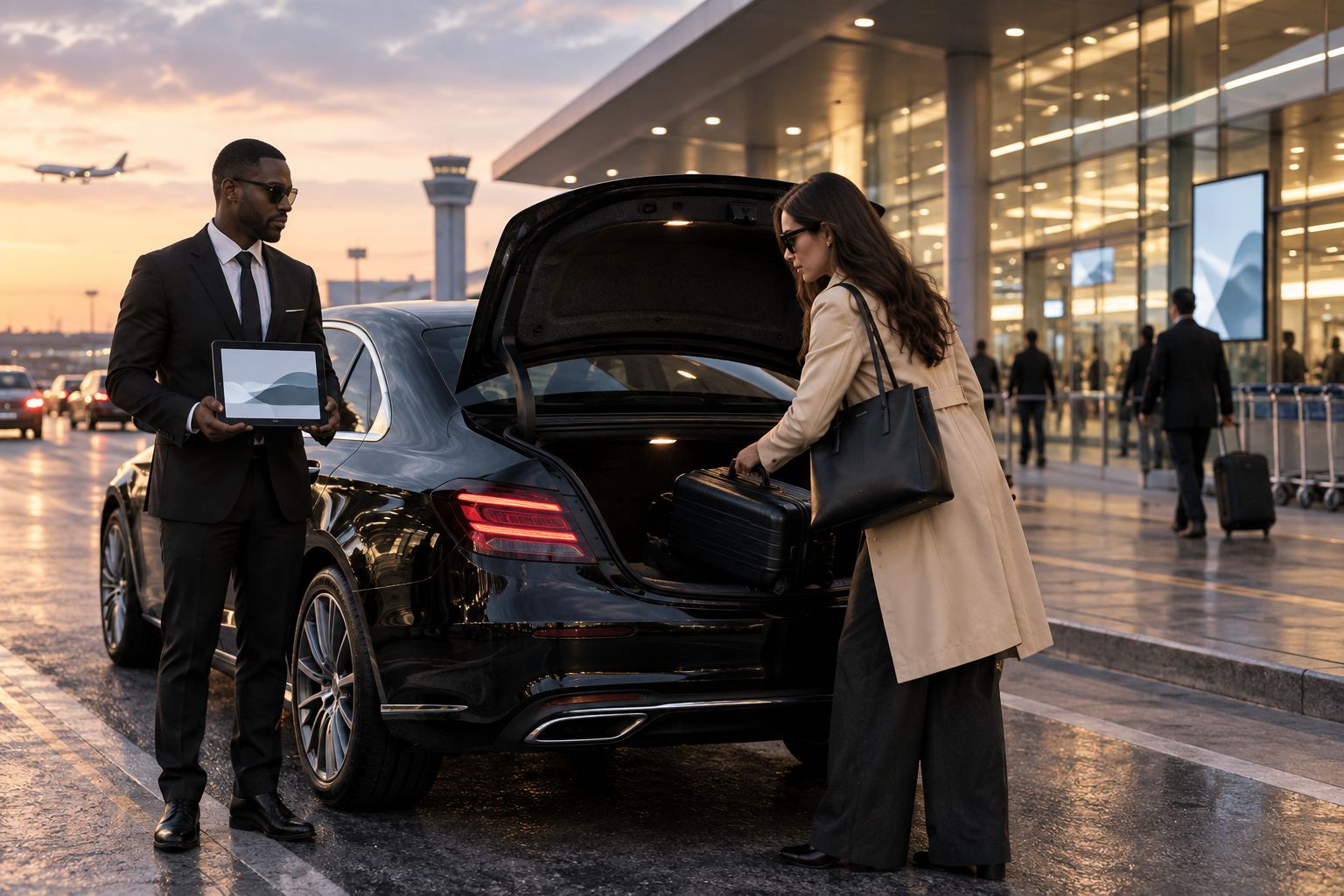 Chauffeur loading luggage into a black sedan at an airport curb