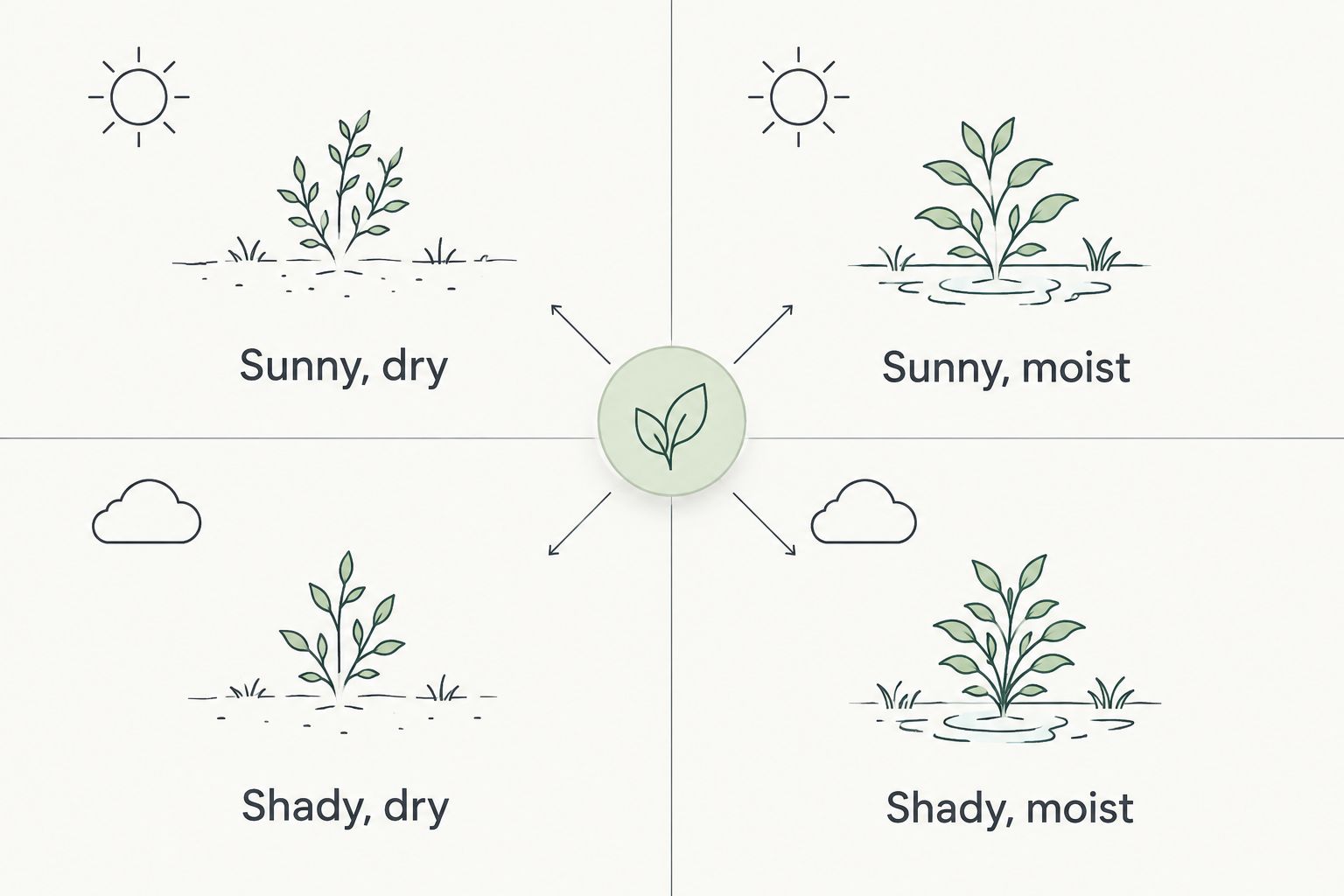 Four garden-site combinations based on sunlight and soil moisture