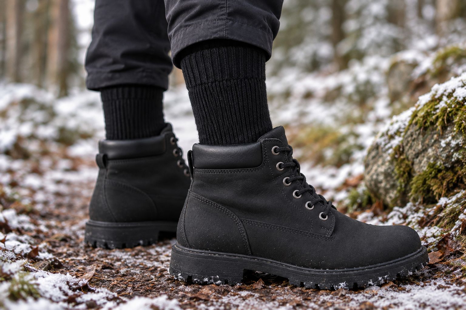 Finnish wool sock worn inside a winter boot on a woodland path