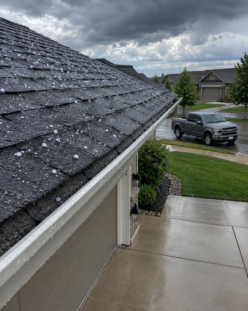 Hail-covered asphalt shingle roof after a storm with an unfamiliar pickup truck at the curb