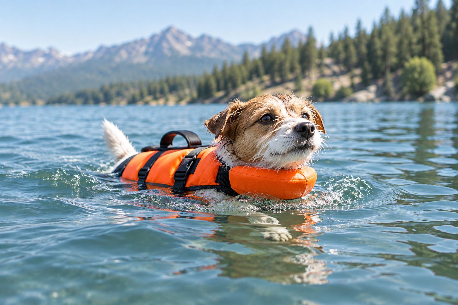 Small dog wearing a foam panel life jacket floating in a lake