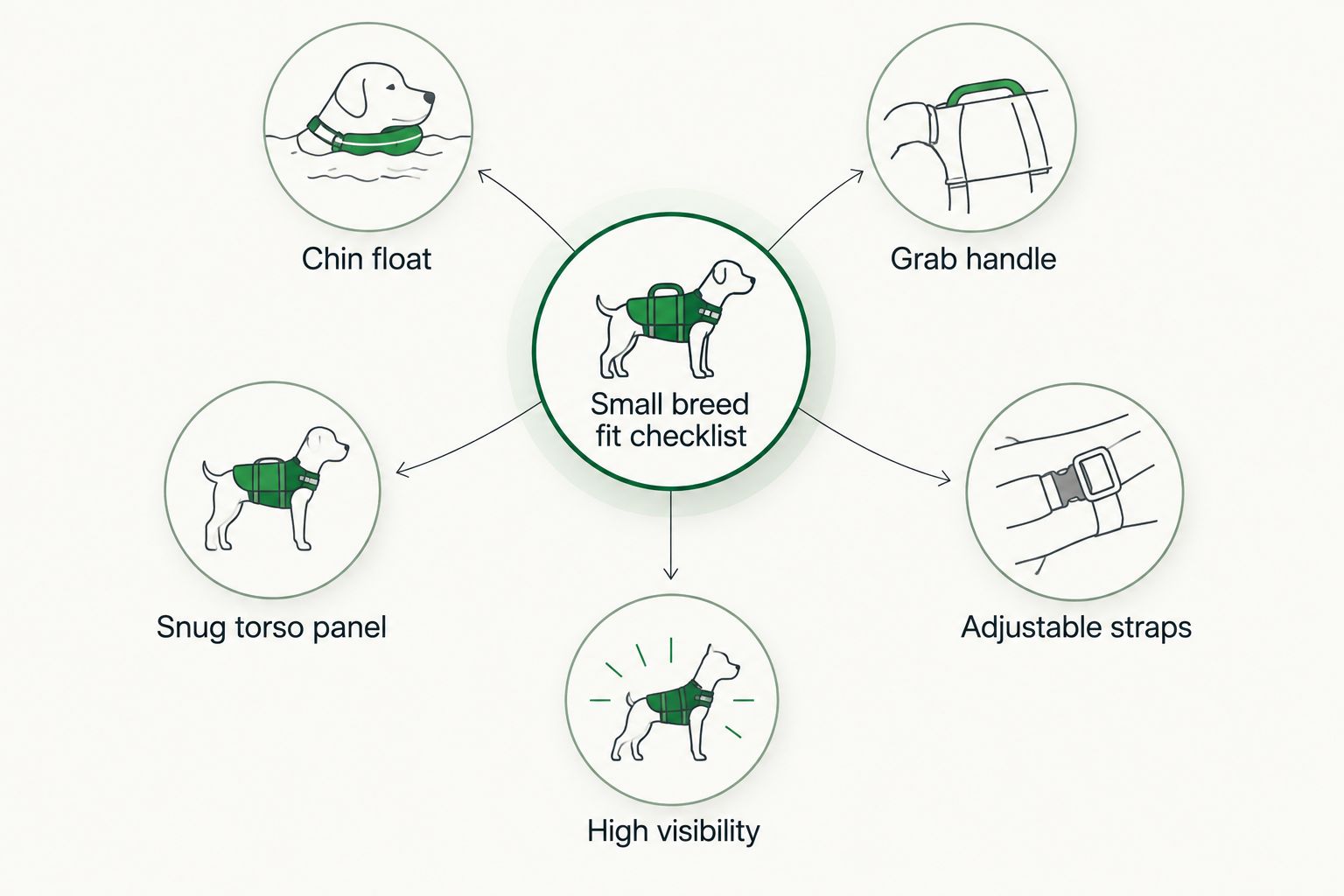 Diagram of five fit criteria for a small breed dog life jacket