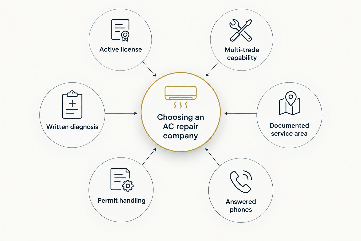 Diagram of six criteria for choosing an AC repair company around a central hub