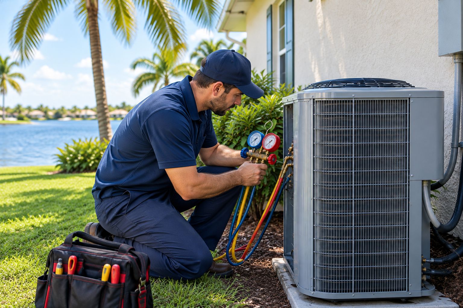 Technician checking refrigerant pressure on an outdoor AC condenser unit