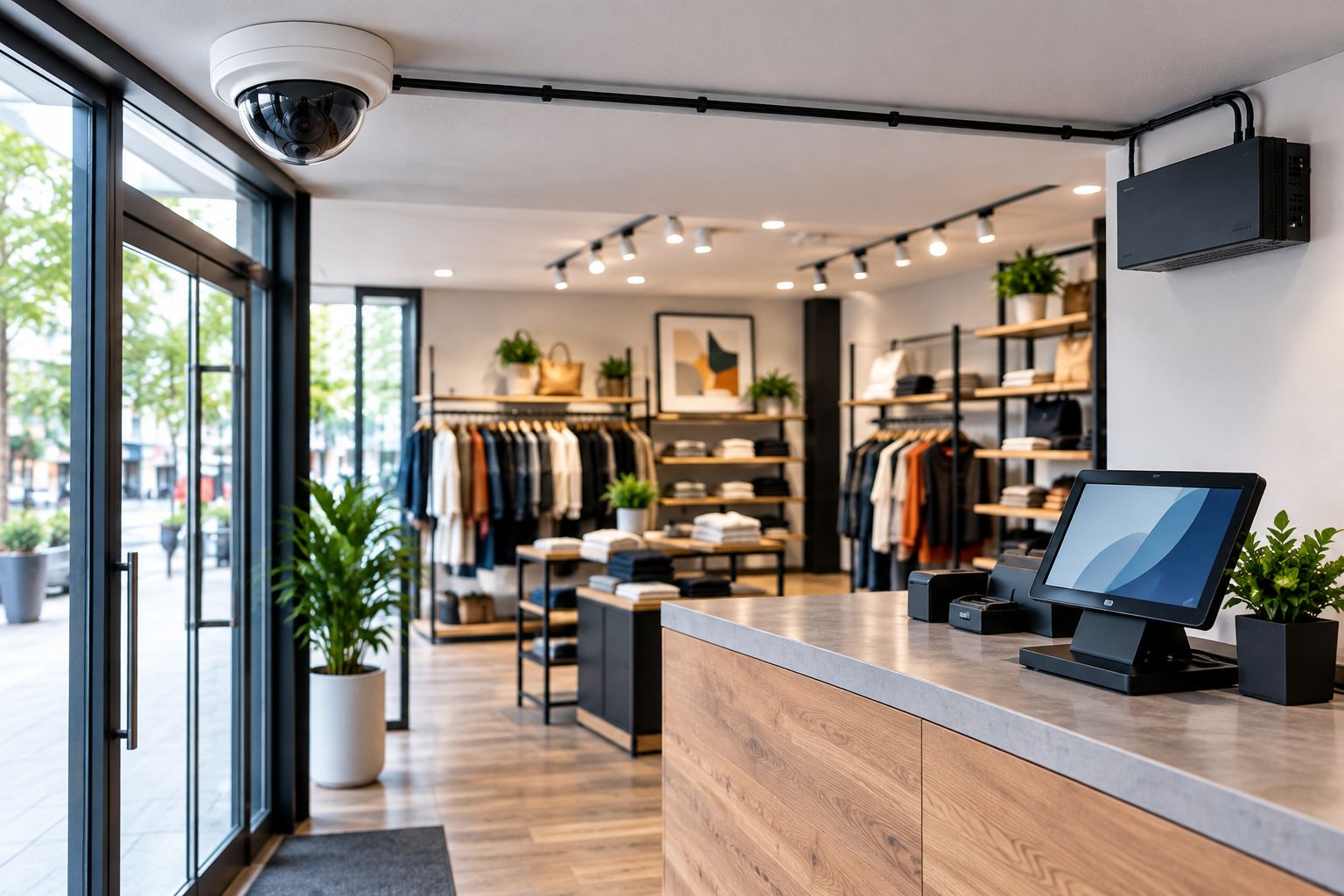 Dome CCTV camera mounted above a retail shop entrance covering the till counter