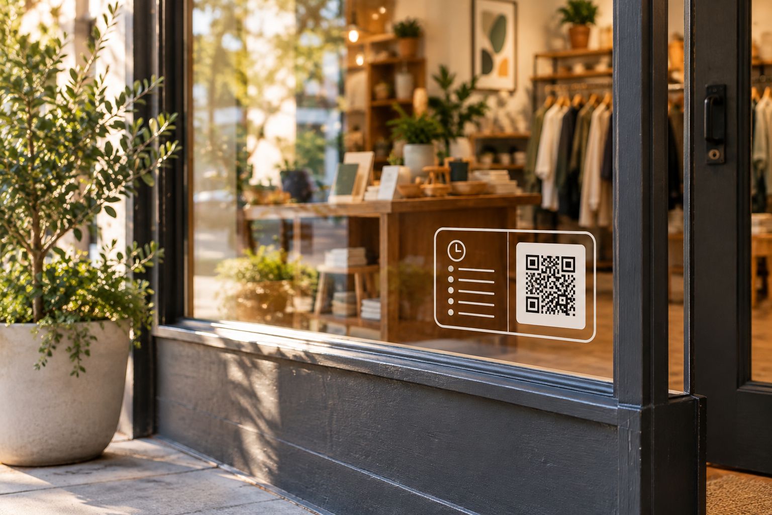 Storefront window with a vinyl decal combining business hours and a QR code panel