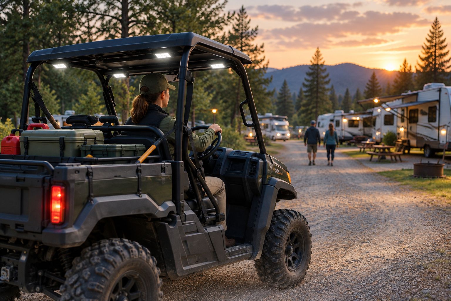 Utility UTV with visible lighting on an RV park lane at dusk