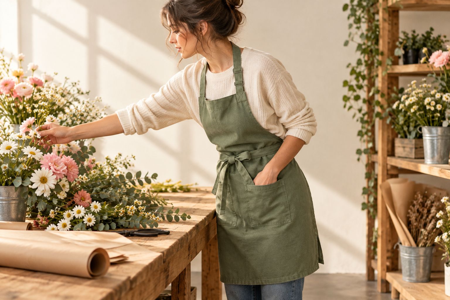 Florist checking apron movement and pocket access at a flower-arranging bench