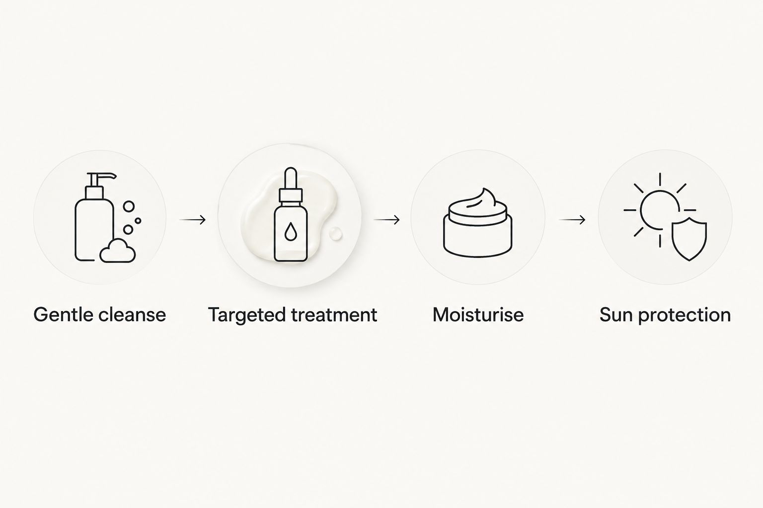 Four routine steps: gentle cleanse, targeted treatment, moisturise and sun protection