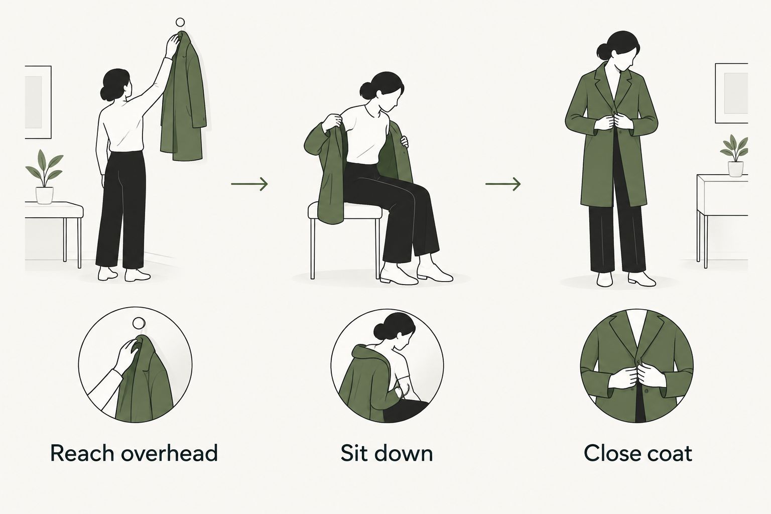 Three hoodie fit checks: reach overhead, sit down and close your coat