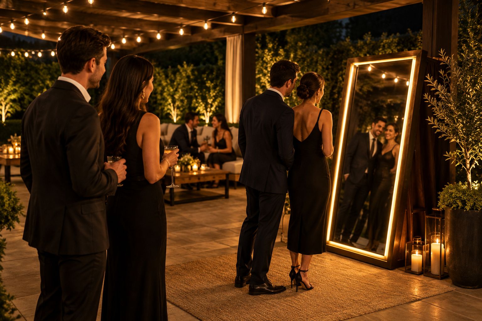 A generic full-length mirror photo booth with a clear approach in a sheltered backyard area