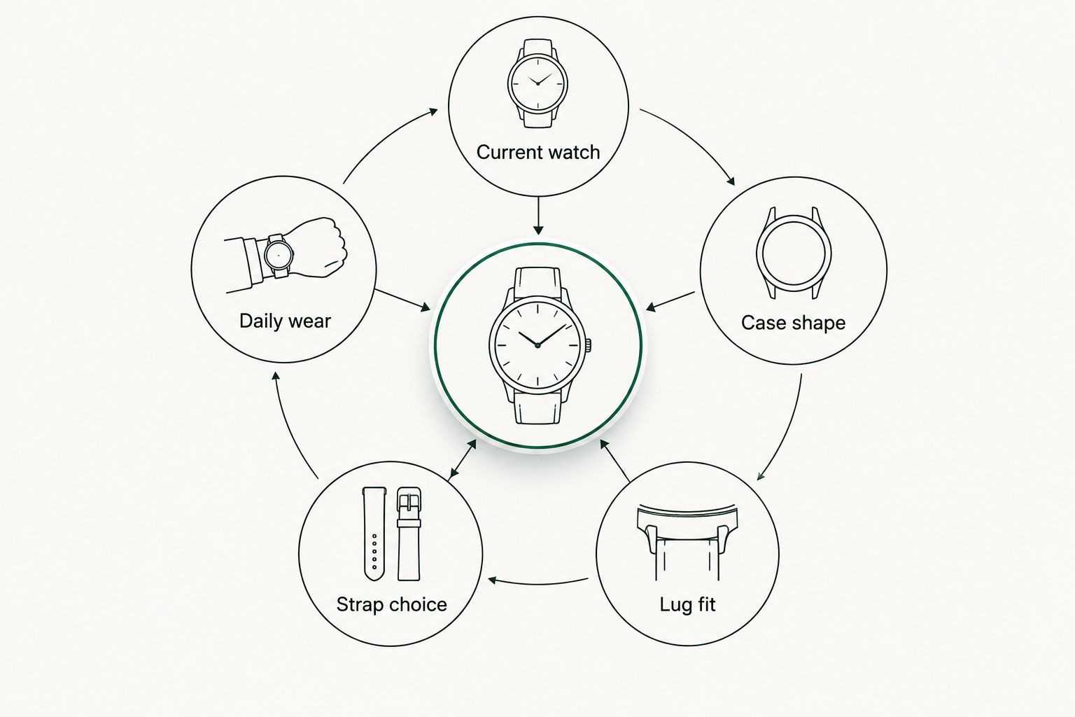 Diagram linking a current watch with case shape, lug fit, strap choice and daily wear