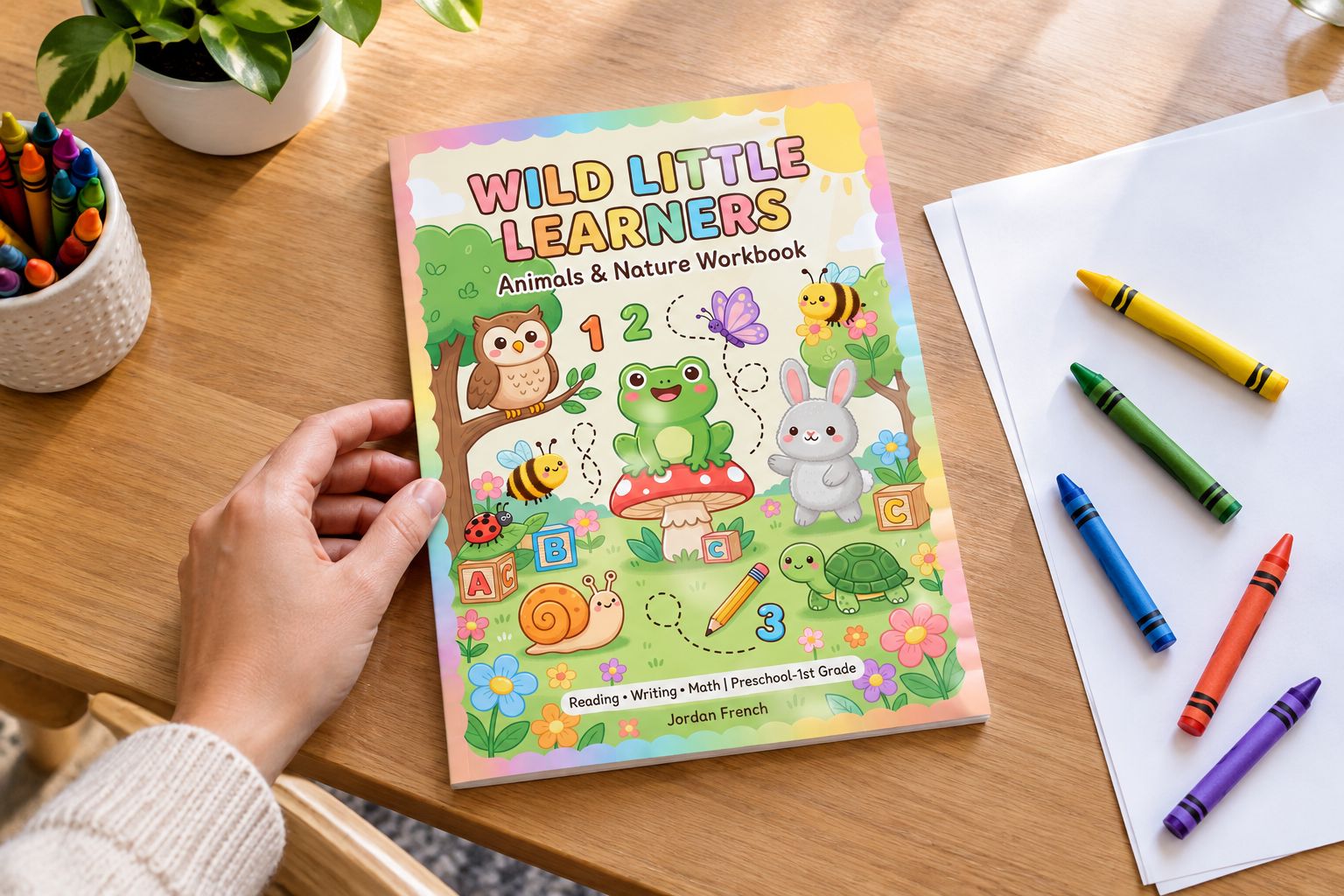 A printable preschool workbook with paper and crayons on a home activity table