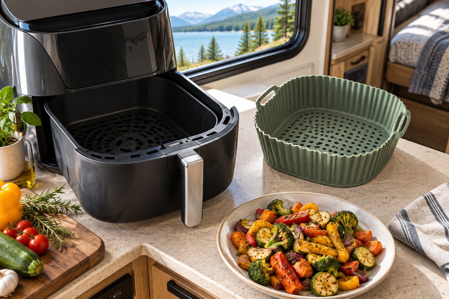 A removable silicone basket beside an air fryer in a compact RV kitchen.