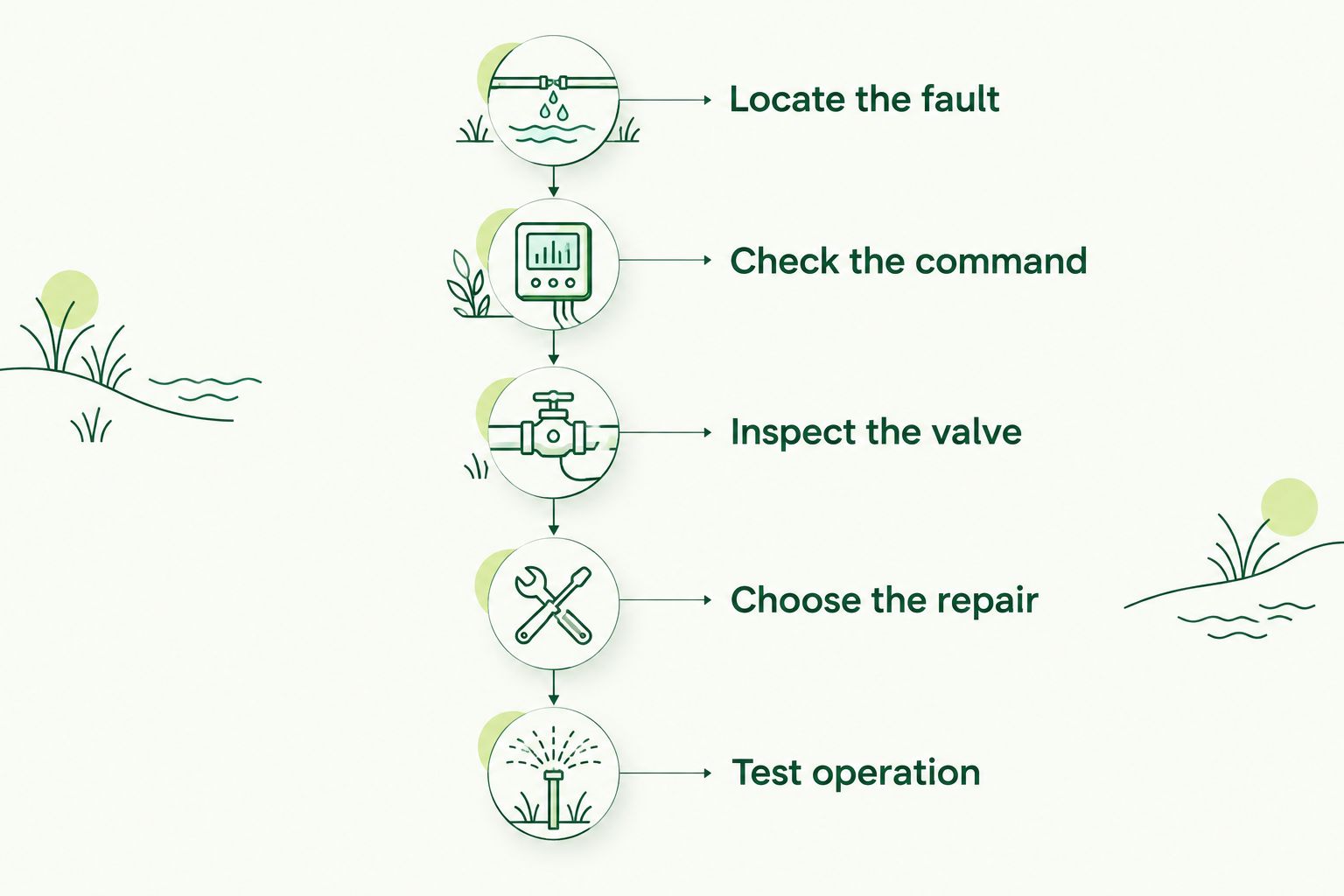 Five diagnosis steps from locating the irrigation fault to testing the completed repair