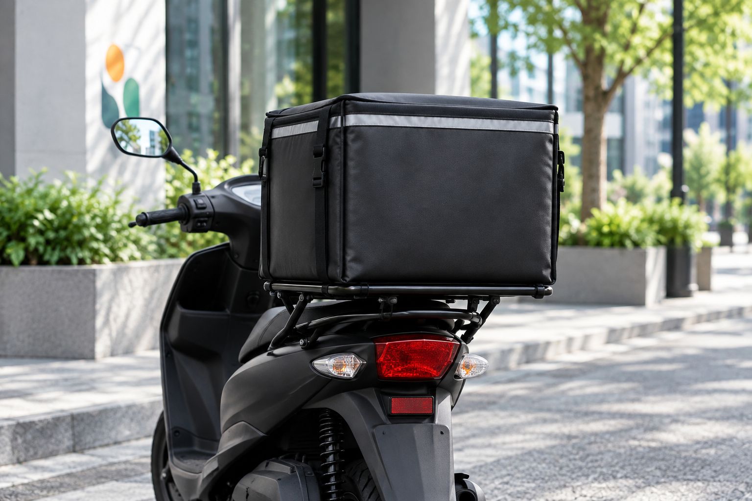 Rigid insulated delivery box mounted on the rear rack of a scooter