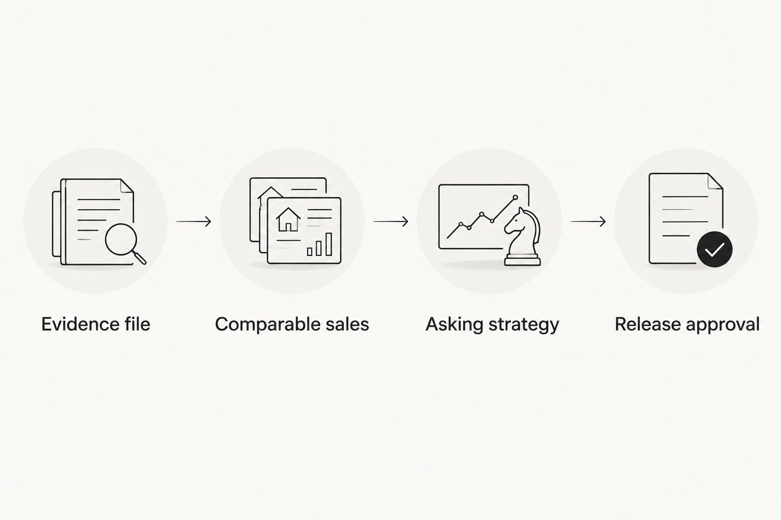 Workflow from the evidence file through comparable sales and asking strategy to release approval