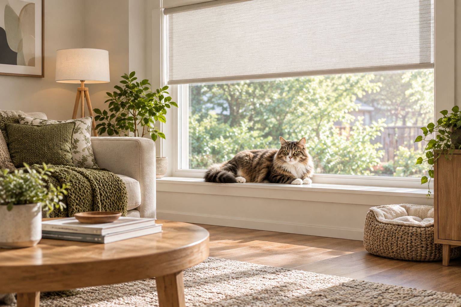 A cat rests on a window sill below a raised roller shade.