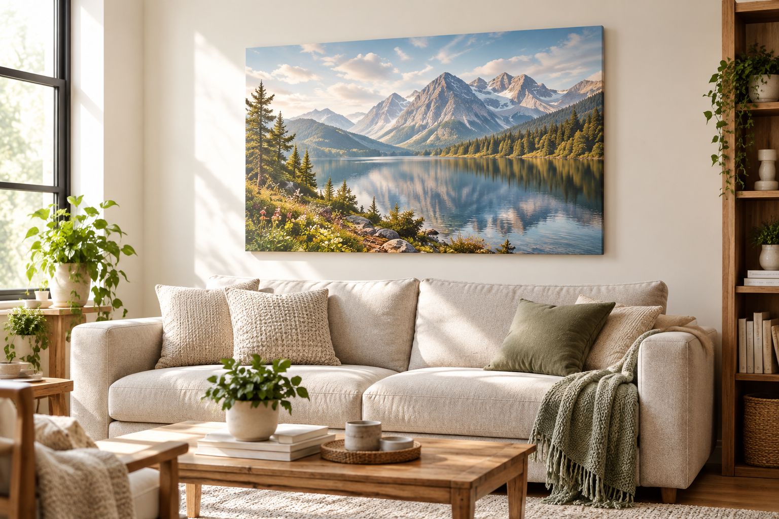 Large canvas print hanging above a living room sofa