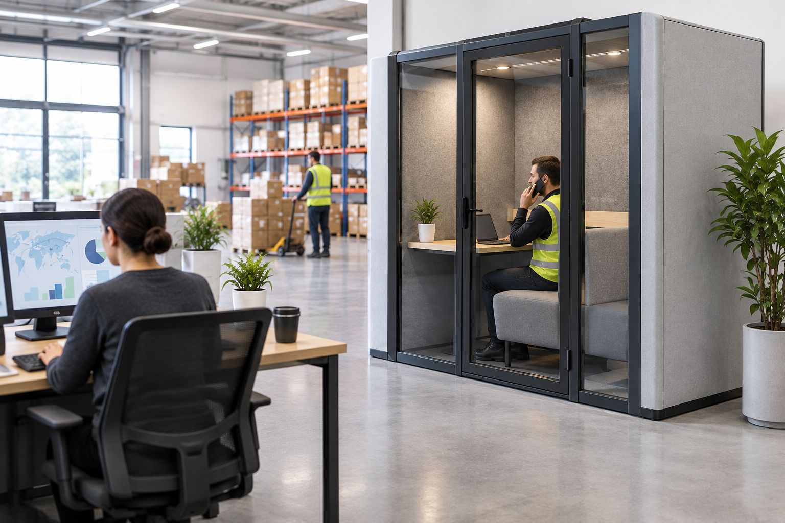 An enclosed conversation booth beside desks in a logistics coordination office