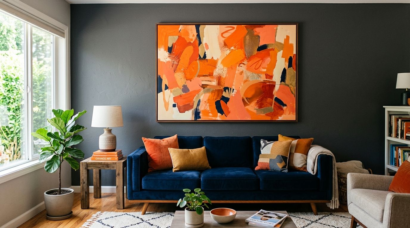 Orange wall art for a bold, energetic living room