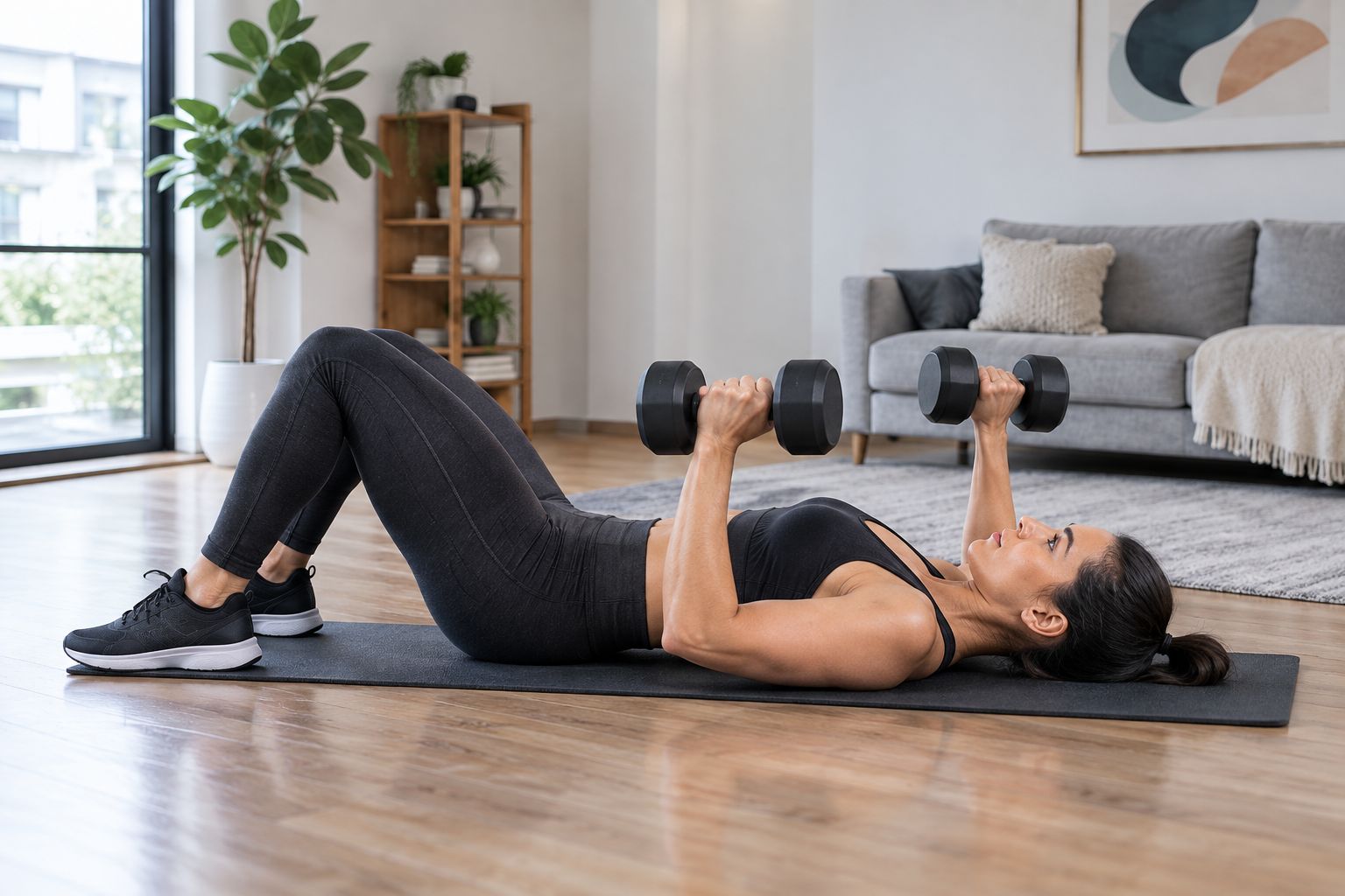 Dumbbell floor press showing the floor limiting upper-arm depth