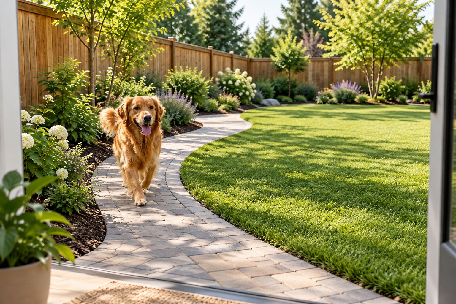 Backyard with a durable fence-side path, open lawn, and planting beds outside the main travel route