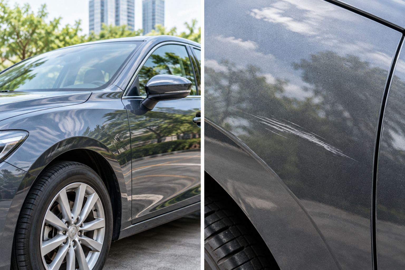 Next powered by EA Detailer Wide and close views of a car panel showing the location and appearance of a surface mark