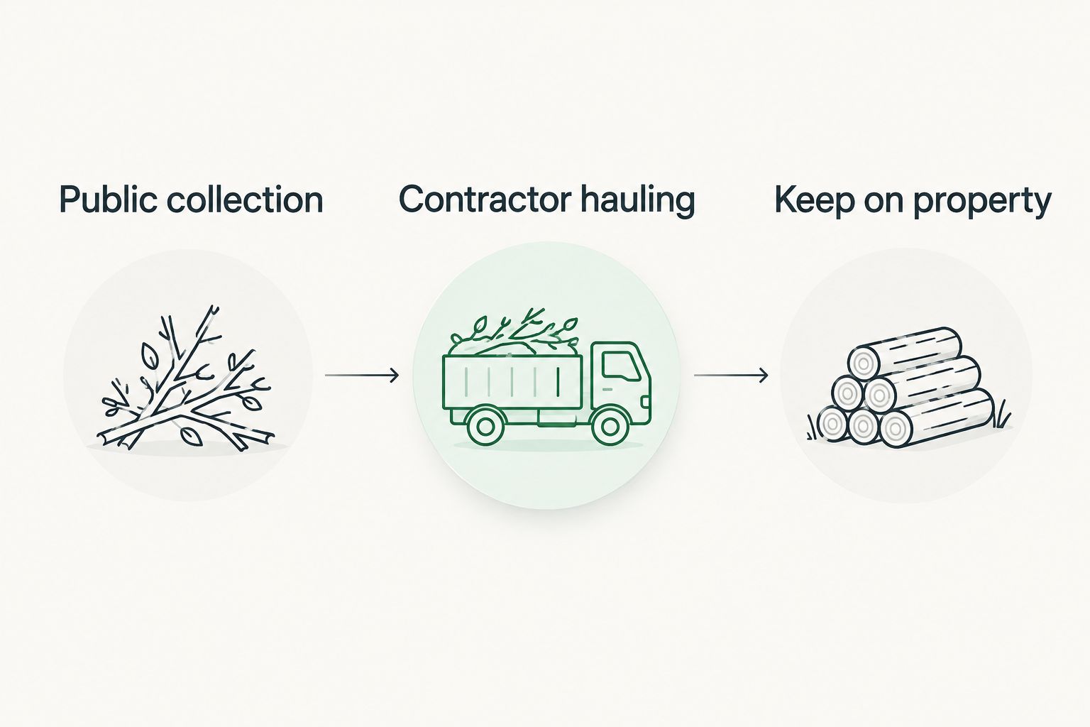 Three destinations for tree debris: public collection, contractor hauling, and keeping material on the property.